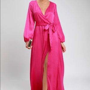 Acadiana Fuchsia Satin Long Sleeve Maxi Dress
